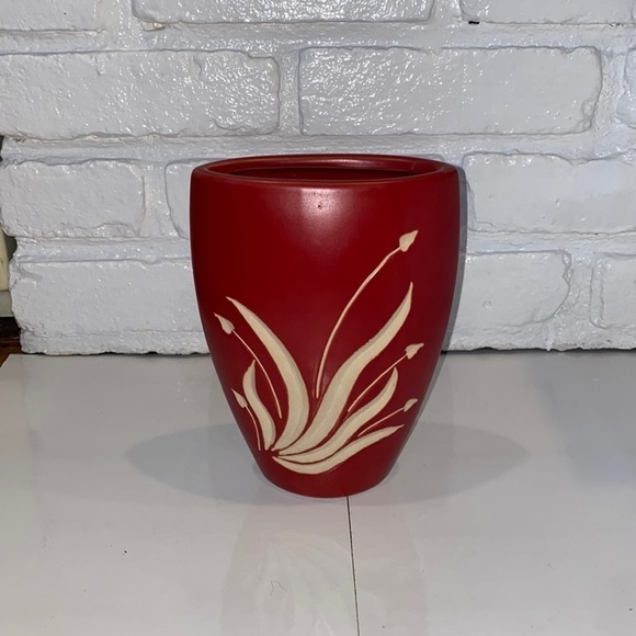 Brick red matte ceramic vase with white carved accents. 2” opening. 8” length. - Picture 2 of 7